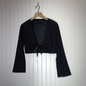 Trixxi Y2K Black Sheer Tie Front Top L Bell Sleeve Mesh Dot Made USA Whimsigoth